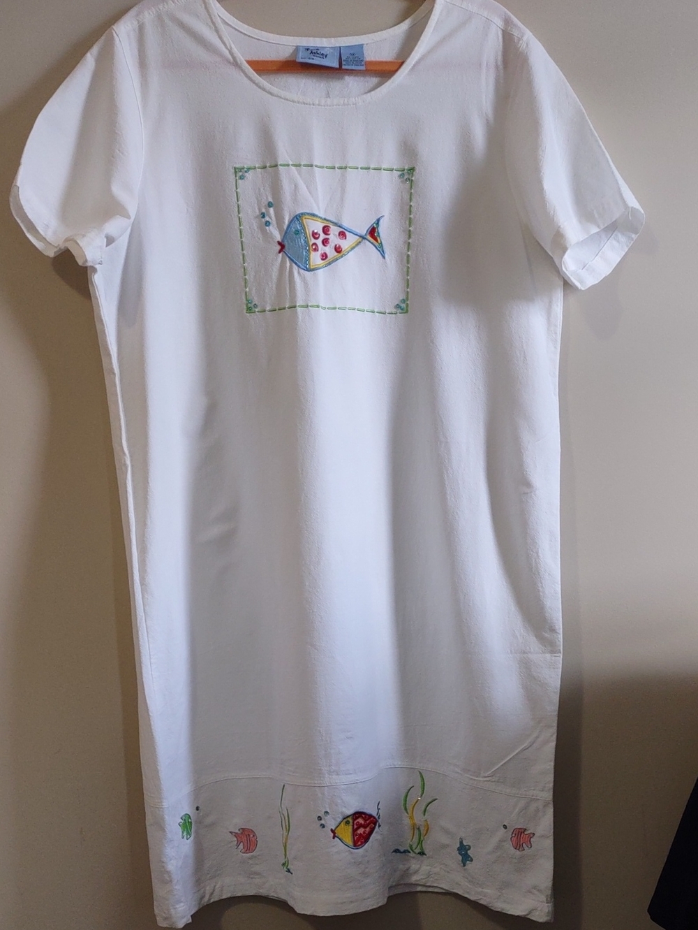 Vintage Jane Ashley Embroidered Fish Shift Dress White Cotton NWOTS XL